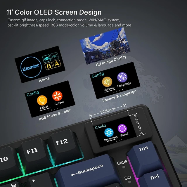 Alt view image 8 of 12 - Womier SK80 75% Keyboard with Color Multimedia Display Mechanical Gaming Keyboard Creamy Sound, Wired Hot Swappable Gasket Mount RGB Custom Key Board, Pre-lubed Stabilizer for Mac/Win, Black Kanagawa