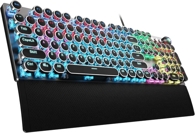 Alt view image 8 of 14 - AULA F2088 Typewriter Style Mechanical Gaming Keyboard Wired,Blue Switches,Rainbow LED Backlit,Removable Wrist Rest,Media Control Knob,Retro Punk Round Keycaps,USB Wired Computer Keyboard