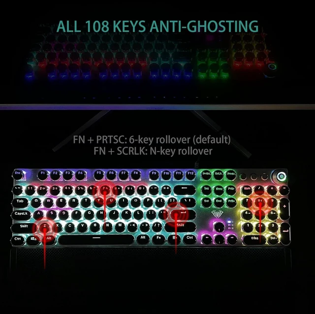 Alt view image 13 of 14 - AULA F2088 Typewriter Style Mechanical Gaming Keyboard Wired,Blue Switches,Rainbow LED Backlit,Removable Wrist Rest,Media Control Knob,Retro Punk Round Keycaps,USB Wired Computer Keyboard