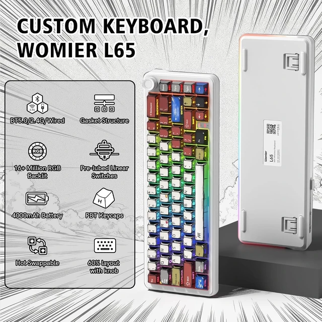Alt view image 11 of 12 - womier L65 60% Mechanical Keyboard Wireless with Knob, White Gaming Keyboard 4000mAh Battery, Tri Mode USB-C/BT5.0/2.4G Gasket Mounted Key Board RGB Hot Swappable with Anime keycaps-Linear Switch