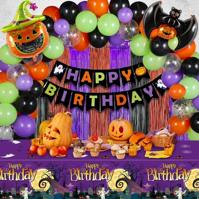 Alt view image 8 of 14 - Halloween Birthday Party Decorations, 102 Pcs Halloween Happy Birthday Banner, Confetti Pumpkin Cat Bat Balloon Arch Foil Fringe Curtain and Tablecloth for Kids Party Supplies