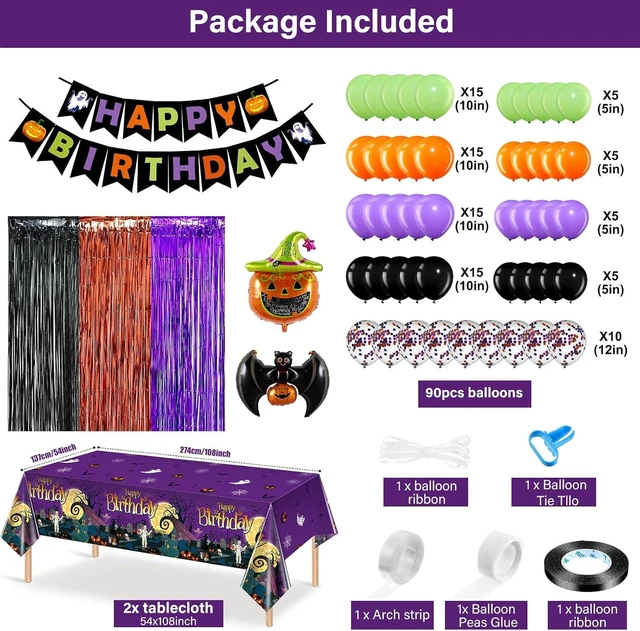 Alt view image 9 of 14 - Halloween Birthday Party Decorations, 102 Pcs Halloween Happy Birthday Banner, Confetti Pumpkin Cat Bat Balloon Arch Foil Fringe Curtain and Tablecloth for Kids Party Supplies