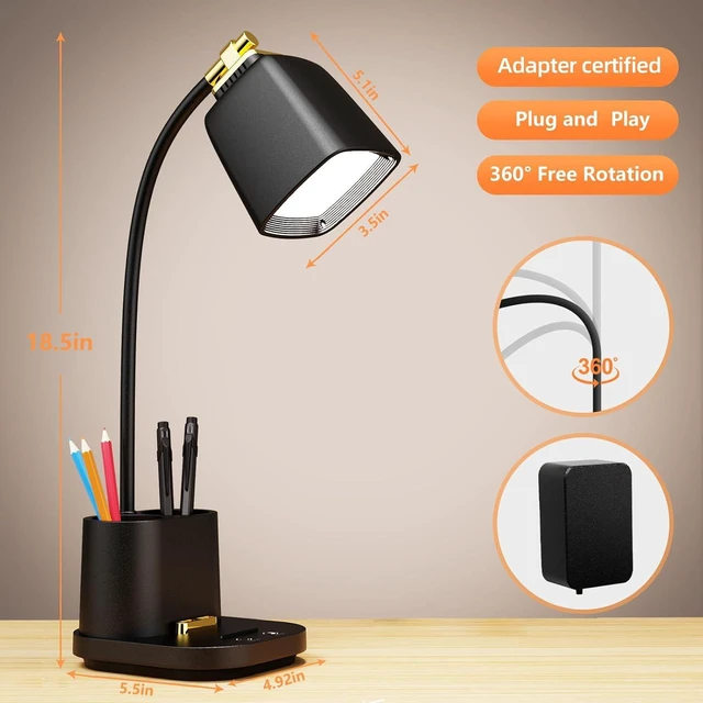 Alt view image 12 of 14 - LED Desk Lamp with USB Charging Port Touch Control 3 Color Modes, Stepless Dimming,Eye-Caring LED Table Lamp for Home,Office,Bedroom,Reading,Work,Study,Gooseneck Lamp, 5V, 2.4A