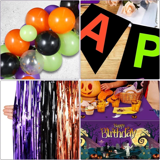 Alt view image 10 of 14 - Halloween Birthday Party Decorations, 102 Pcs Halloween Happy Birthday Banner, Confetti Pumpkin Cat Bat Balloon Arch Foil Fringe Curtain and Tablecloth for Kids Party Supplies