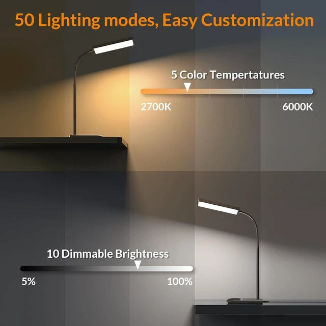 Alt view image 12 of 14 - LEPOWER Desk Lamp, 800LM LED for Home Office, 12W Reading for Desk, Eye-Caring Light, Touch Table Gooseneck Lamp, 50 Lighting Modes, Bright for Bedroom, Study (Black)