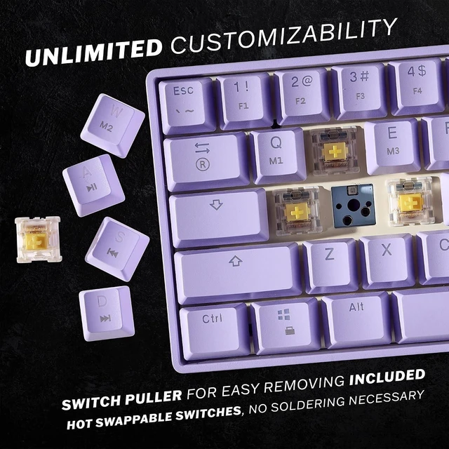 Alt view image 9 of 12 - HK GAMING GK61s Mechanical Gaming Keyboard - 61 Keys Multi Color RGB Illuminated LED Backlit Wired Programmable for PC/Mac Gamer (Gateron Mechanical Yellow, Lavender)
