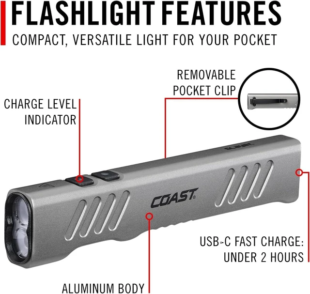Alt view image 10 of 14 - Coast Slayer 1150 Lumen USB-C Rechargeable LED Flashlight with Spot/Flood, Memory Mode and Pocket Clip, Silver