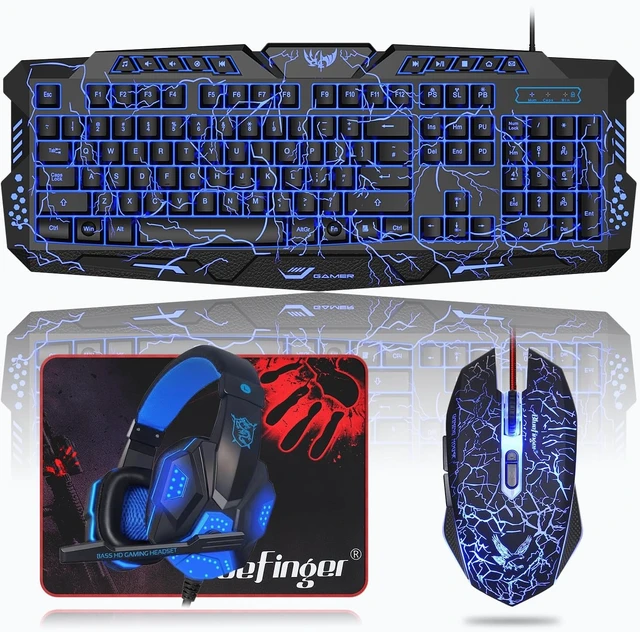 Alt view image 8 of 14 - BlueFinger Backlit Gaming Keyboard, Mouse and LED Headset Combo - USB Wired 3 Color Crack Backlit, Blue LED Light Headset - Set for Work and Game