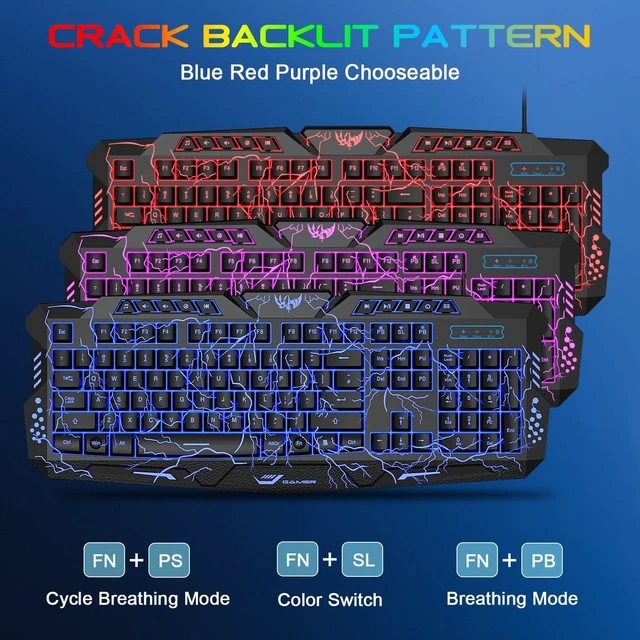 Alt view image 9 of 14 - BlueFinger Backlit Gaming Keyboard, Mouse and LED Headset Combo - USB Wired 3 Color Crack Backlit, Blue LED Light Headset - Set for Work and Game
