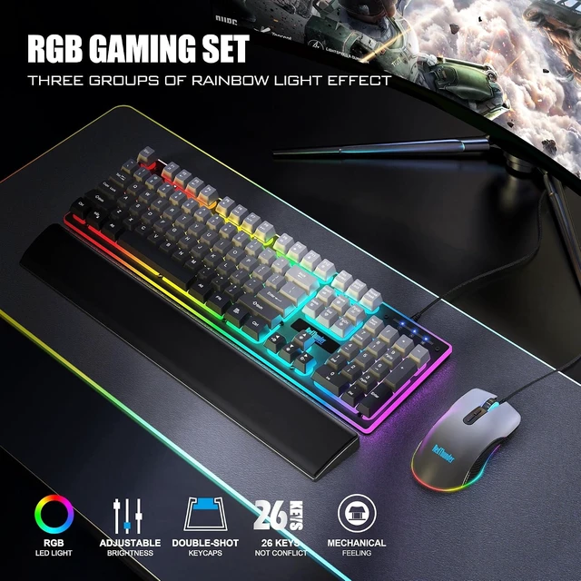 Alt view image 9 of 14 - RedThunder K10 Wired Gaming Keyboard, Mouse Wrist Rest Combo, RGB Backlit, Mechanical Feel Anti-ghosting Keyboard + 7D 7200 DPI Mice+Soft Leather Wrist Rest 3 in 1 PC Gamer Accessories(Gradient Gray)