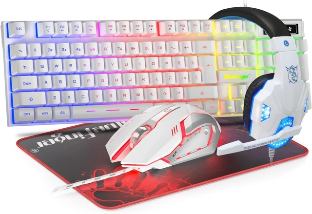 Alt view image 8 of 14 - BlueFinger RGB Gaming Keyboard and Backlit Mouse and Headset Combo, USB Wired Backlit Keyboard, LED Gaming Mouse Set, Headset with Microphone for Laptop PC Computer Game and Work, White
