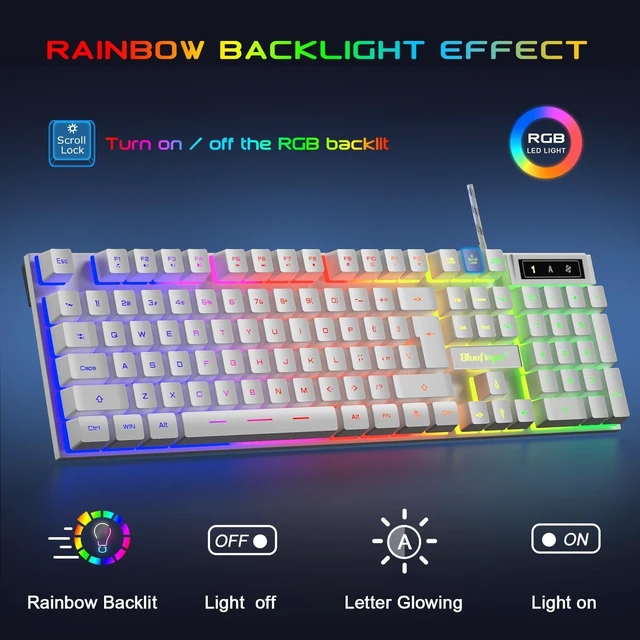Alt view image 9 of 14 - BlueFinger RGB Gaming Keyboard and Backlit Mouse and Headset Combo, USB Wired Backlit Keyboard, LED Gaming Mouse Set, Headset with Microphone for Laptop PC Computer Game and Work, White