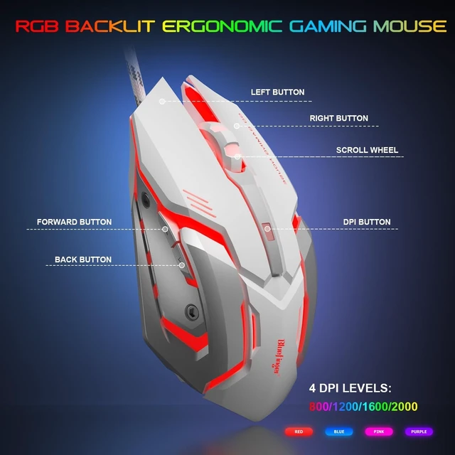 Alt view image 11 of 14 - BlueFinger RGB Gaming Keyboard and Backlit Mouse and Headset Combo, USB Wired Backlit Keyboard, LED Gaming Mouse Set, Headset with Microphone for Laptop PC Computer Game and Work, White