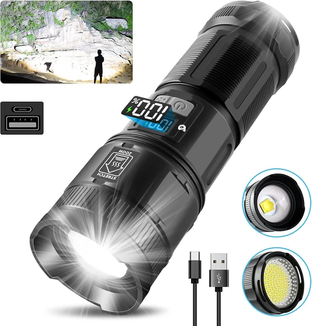 Alt view image 8 of 14 - Father's Day 3000 Lumens Rechargeable Tactical Flashlight with COB Work Light, Super Bright High-Powered Handheld for Emergencies, Camping, Hiking - Perfect for Dad
