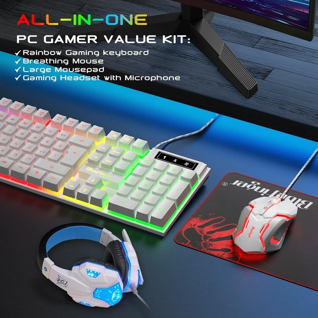 Alt view image 13 of 14 - BlueFinger RGB Gaming Keyboard and Backlit Mouse and Headset Combo, USB Wired Backlit Keyboard, LED Gaming Mouse Set, Headset with Microphone for Laptop PC Computer Game and Work, White