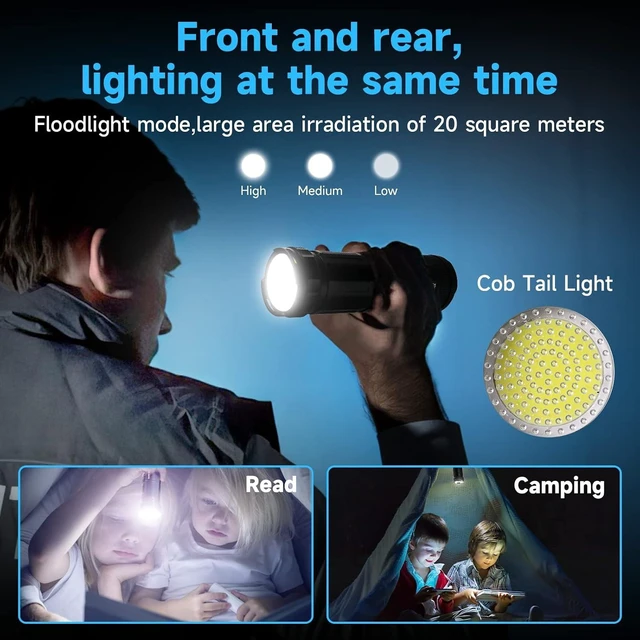 Alt view image 11 of 14 - Father's Day 3000 Lumens Rechargeable Tactical Flashlight with COB Work Light, Super Bright High-Powered Handheld for Emergencies, Camping, Hiking - Perfect for Dad