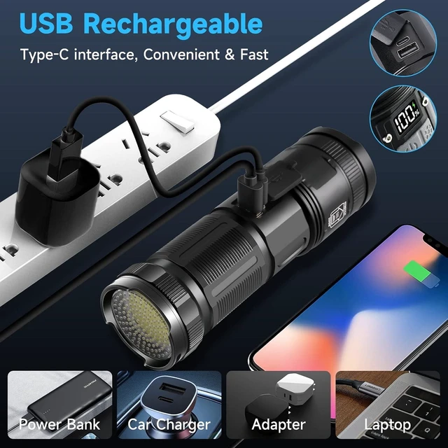 Alt view image 12 of 14 - Father's Day 3000 Lumens Rechargeable Tactical Flashlight with COB Work Light, Super Bright High-Powered Handheld for Emergencies, Camping, Hiking - Perfect for Dad
