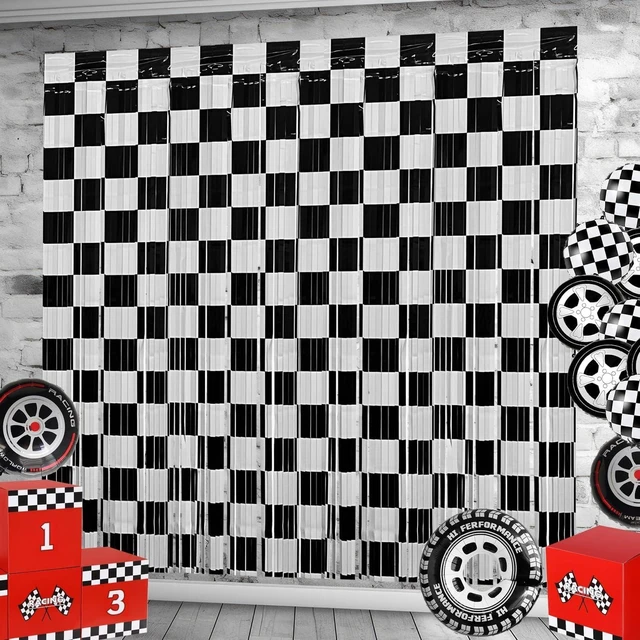 Alt view image 7 of 12 - Race Car Foil Fringe Curtains Backdrop Birthday Party Decorations, 4 Pack 3.28 x 6.56 Ft Black White Foil Fringe Curtain Photo Booth Props Racing Car One Happy Dude Birthday Party Decorations