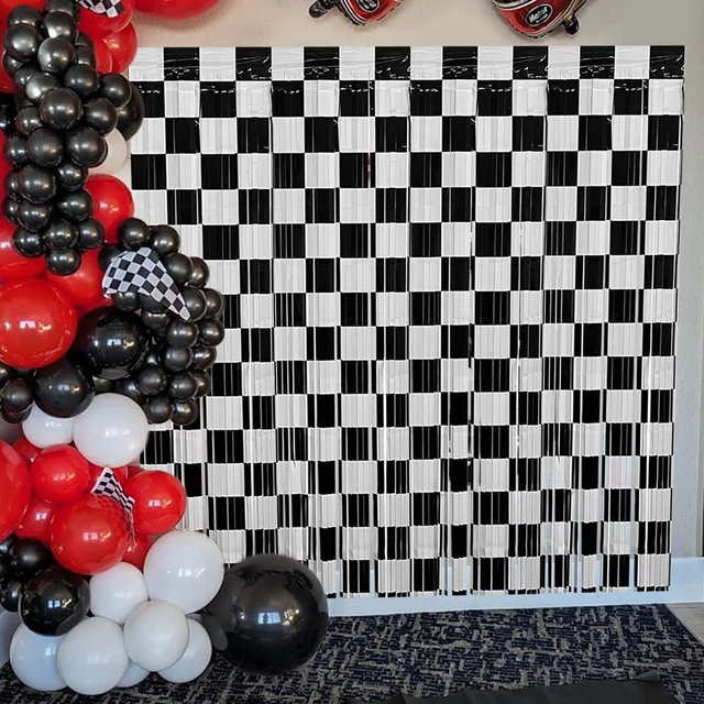 Alt view image 8 of 12 - Race Car Foil Fringe Curtains Backdrop Birthday Party Decorations, 4 Pack 3.28 x 6.56 Ft Black White Foil Fringe Curtain Photo Booth Props Racing Car One Happy Dude Birthday Party Decorations