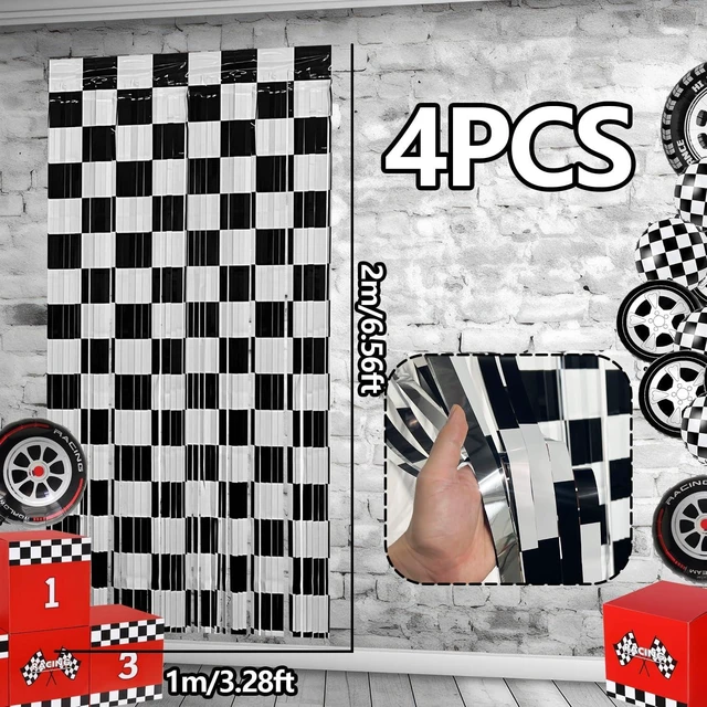 Alt view image 9 of 12 - Race Car Foil Fringe Curtains Backdrop Birthday Party Decorations, 4 Pack 3.28 x 6.56 Ft Black White Foil Fringe Curtain Photo Booth Props Racing Car One Happy Dude Birthday Party Decorations