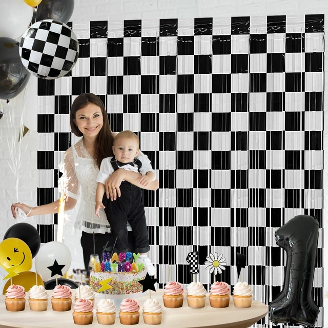 Alt view image 10 of 12 - Race Car Foil Fringe Curtains Backdrop Birthday Party Decorations, 4 Pack 3.28 x 6.56 Ft Black White Foil Fringe Curtain Photo Booth Props Racing Car One Happy Dude Birthday Party Decorations