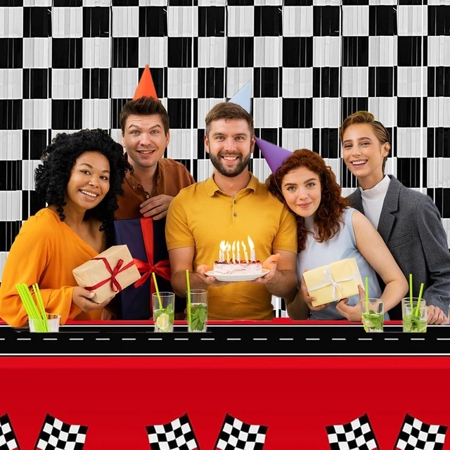Alt view image 11 of 12 - Race Car Foil Fringe Curtains Backdrop Birthday Party Decorations, 4 Pack 3.28 x 6.56 Ft Black White Foil Fringe Curtain Photo Booth Props Racing Car One Happy Dude Birthday Party Decorations