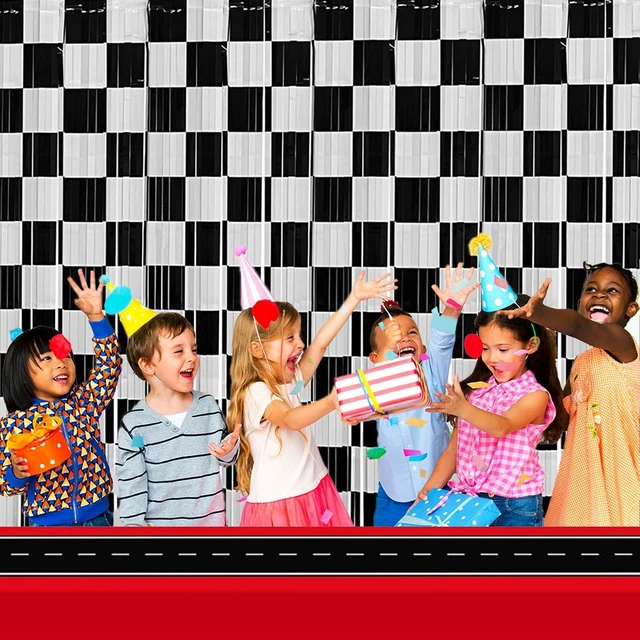 Alt view image 12 of 12 - Race Car Foil Fringe Curtains Backdrop Birthday Party Decorations, 4 Pack 3.28 x 6.56 Ft Black White Foil Fringe Curtain Photo Booth Props Racing Car One Happy Dude Birthday Party Decorations