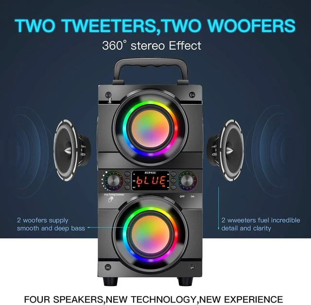 Alt view image 11 of 14 - 60W (80W Peak) Portable Bluetooth Speaker with Double Subwoofer Heavy Bass, Bluetooth 5.0 Wireless 100ft Outdoor Speaker, Support FM Radio, LED Colorful Lights, Stereo Sound, for Home, Party, Travel