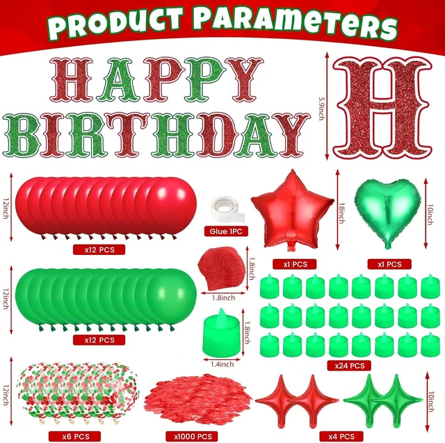 Alt view image 7 of 12 - Red Green Happy Birthday Balloons Decorations Christmas Birthday Balloon Letters Banner with 6 Pcs Star Balloons Artificial Rose Petal 24 Flameless LED Candles for Room Hotel Party Supplies