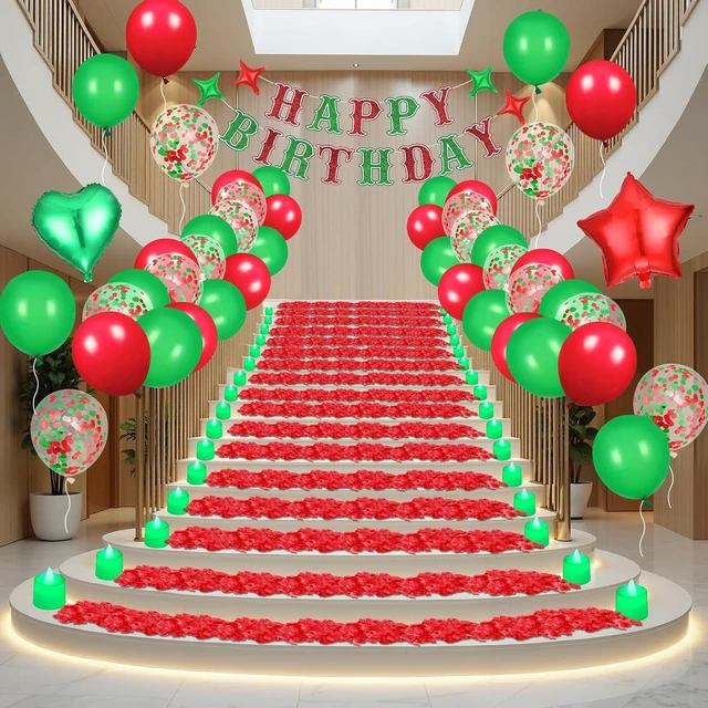 Alt view image 8 of 12 - Red Green Happy Birthday Balloons Decorations Christmas Birthday Balloon Letters Banner with 6 Pcs Star Balloons Artificial Rose Petal 24 Flameless LED Candles for Room Hotel Party Supplies