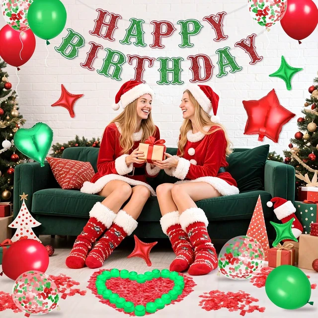 Alt view image 10 of 12 - Red Green Happy Birthday Balloons Decorations Christmas Birthday Balloon Letters Banner with 6 Pcs Star Balloons Artificial Rose Petal 24 Flameless LED Candles for Room Hotel Party Supplies