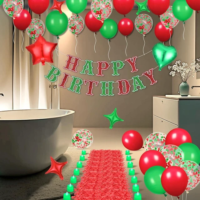 Alt view image 11 of 12 - Red Green Happy Birthday Balloons Decorations Christmas Birthday Balloon Letters Banner with 6 Pcs Star Balloons Artificial Rose Petal 24 Flameless LED Candles for Room Hotel Party Supplies