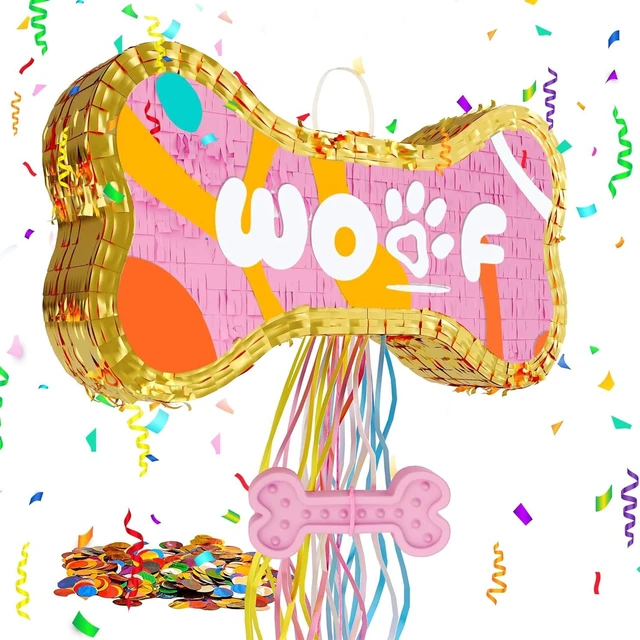 Alt view image 8 of 14 - Dog Bone Pinata for Puppy Birthday Party Decorations, Pull String Pinata for Dog Themed Party Supplies, Golden and Pink Bones (16.5 x 9 x 3 inches)