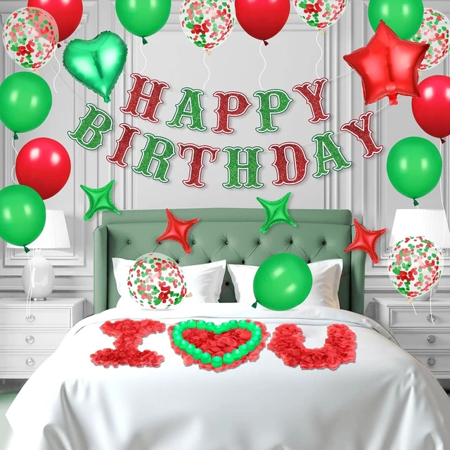 Alt view image 9 of 12 - Red Green Happy Birthday Balloons Decorations Christmas Birthday Balloon Letters Banner with 6 Pcs Star Balloons Artificial Rose Petal 24 Flameless LED Candles for Room Hotel Party Supplies