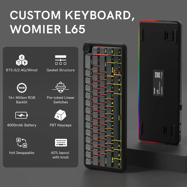 Alt view image 9 of 12 - womier L65 60% Mechanical Keyboard with Knob,4000mAh,Tri Mode USB-C/BT5.0/2.4G,RGB Backlit,Hot Swap,Shine Through keycaps,Linear Switch,Gasket Mounted Wireless Gaming Keyboard for PC/Mac(Black)