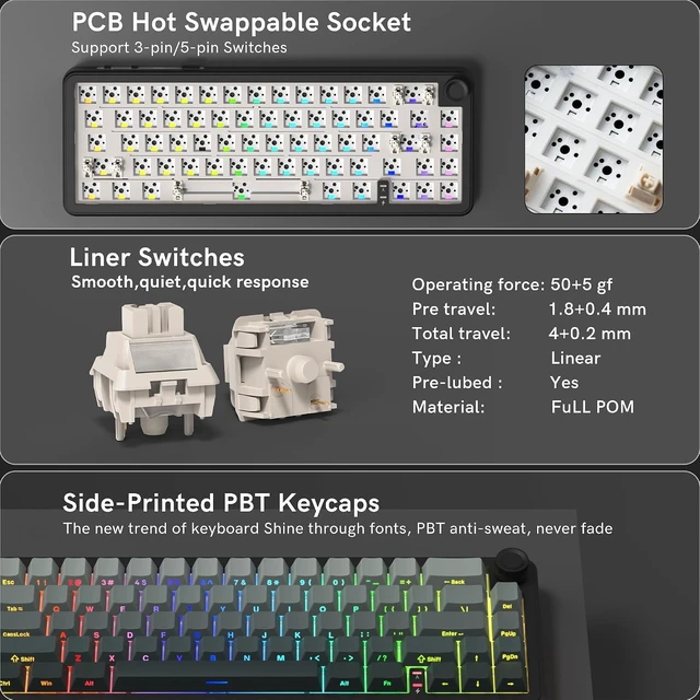 Alt view image 8 of 12 - womier L65 60% Mechanical Keyboard with Knob,4000mAh,Tri Mode USB-C/BT5.0/2.4G,RGB Backlit,Hot Swap,Shine Through keycaps,Linear Switch,Gasket Mounted Wireless Gaming Keyboard for PC/Mac(Black)