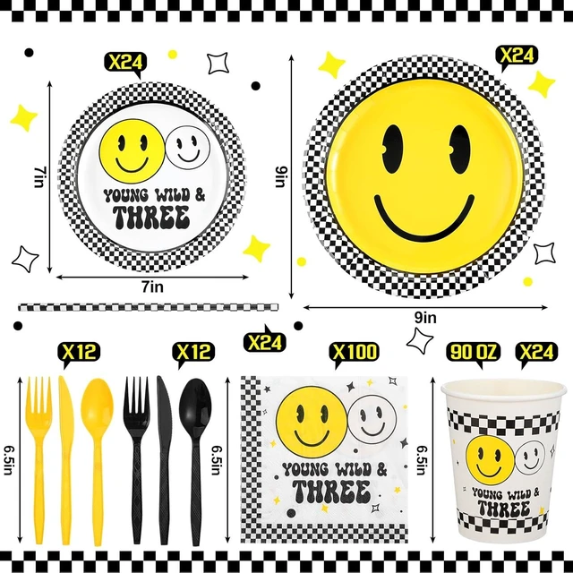 Alt view image 9 of 12 - SiliFine 344 Pcs Birthday Decorations Birthday Party Supplies Serve 24, Paper Plates Cups Napkins Knife Fork Spoon Straw Tableware for 2nd 3rd