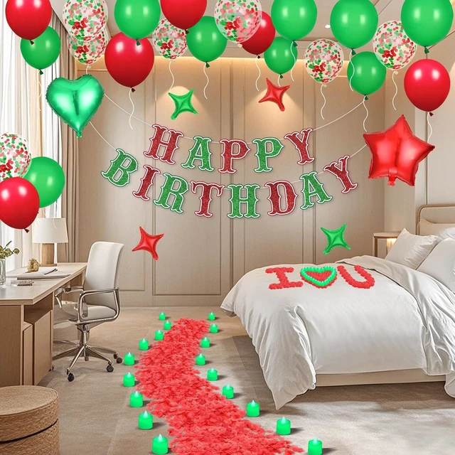 Alt view image 12 of 12 - Red Green Happy Birthday Balloons Decorations Christmas Birthday Balloon Letters Banner with 6 Pcs Star Balloons Artificial Rose Petal 24 Flameless LED Candles for Room Hotel Party Supplies