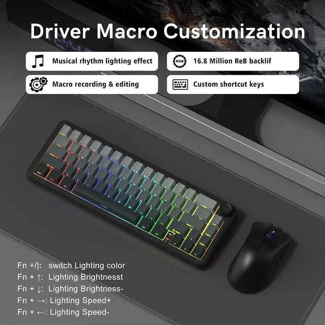 Alt view image 11 of 12 - womier L65 60% Mechanical Keyboard with Knob,4000mAh,Tri Mode USB-C/BT5.0/2.4G,RGB Backlit,Hot Swap,Shine Through keycaps,Linear Switch,Gasket Mounted Wireless Gaming Keyboard for PC/Mac(Black)