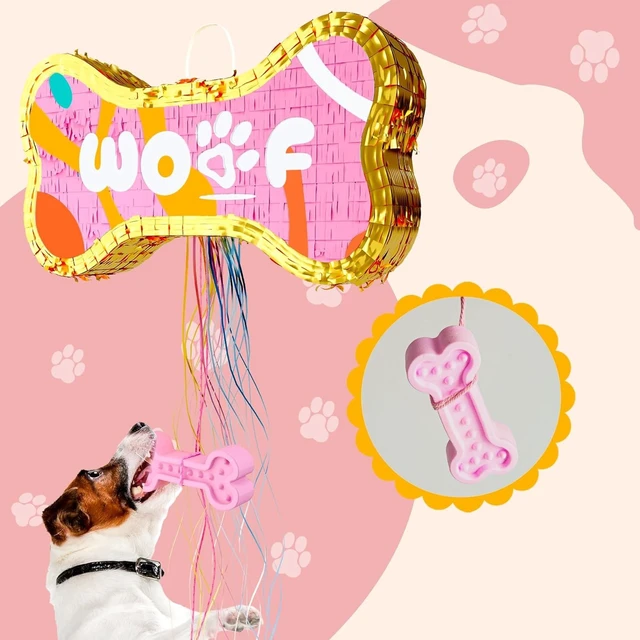 Alt view image 10 of 14 - Dog Bone Pinata for Puppy Birthday Party Decorations, Pull String Pinata for Dog Themed Party Supplies, Golden and Pink Bones (16.5 x 9 x 3 inches)