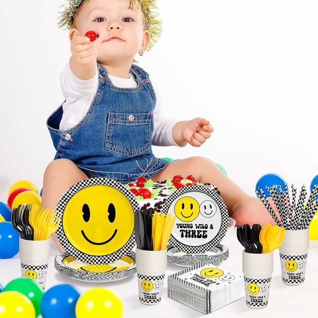 Alt view image 10 of 12 - SiliFine 344 Pcs Birthday Decorations Birthday Party Supplies Serve 24, Paper Plates Cups Napkins Knife Fork Spoon Straw Tableware for 2nd 3rd