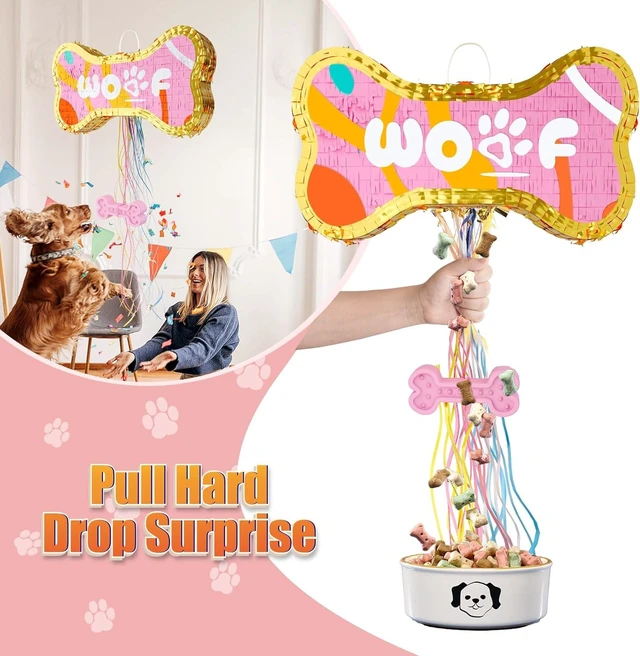 Alt view image 11 of 14 - Dog Bone Pinata for Puppy Birthday Party Decorations, Pull String Pinata for Dog Themed Party Supplies, Golden and Pink Bones (16.5 x 9 x 3 inches)