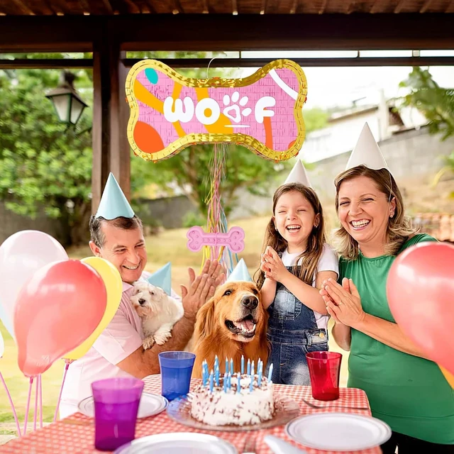 Alt view image 14 of 14 - Dog Bone Pinata for Puppy Birthday Party Decorations, Pull String Pinata for Dog Themed Party Supplies, Golden and Pink Bones (16.5 x 9 x 3 inches)