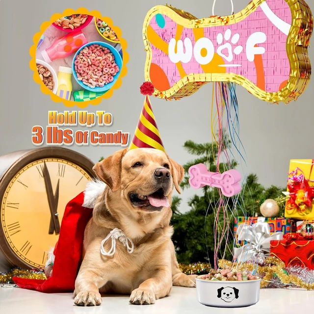 Alt view image 12 of 14 - Dog Bone Pinata for Puppy Birthday Party Decorations, Pull String Pinata for Dog Themed Party Supplies, Golden and Pink Bones (16.5 x 9 x 3 inches)
