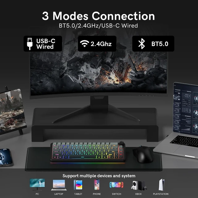 Alt view image 12 of 12 - womier L65 60% Mechanical Keyboard with Knob,4000mAh,Tri Mode USB-C/BT5.0/2.4G,RGB Backlit,Hot Swap,Shine Through keycaps,Linear Switch,Gasket Mounted Wireless Gaming Keyboard for PC/Mac(Black)