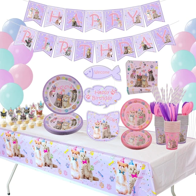 Alt view image 8 of 14 - Cat Birthday Party Supplies Set, Kitten Disposable Tableware Includes Happy Birthday Banner, Spoons, Fork, Plates, Tablecloth, Cups, Balloon, Straws for Kids Cat Party Decorations, Serves 20 Guest