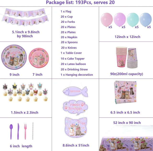 Alt view image 9 of 14 - Cat Birthday Party Supplies Set, Kitten Disposable Tableware Includes Happy Birthday Banner, Spoons, Fork, Plates, Tablecloth, Cups, Balloon, Straws for Kids Cat Party Decorations, Serves 20 Guest