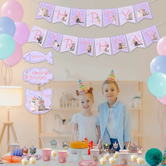 Alt view image 12 of 14 - Cat Birthday Party Supplies Set, Kitten Disposable Tableware Includes Happy Birthday Banner, Spoons, Fork, Plates, Tablecloth, Cups, Balloon, Straws for Kids Cat Party Decorations, Serves 20 Guest