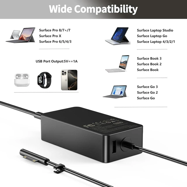 Alt view image 14 of 14 - 65W Charger for Microsoft Surface Pro X, 3,4,5,6,7,7+,8,9,10,11 | Power Adapter for Windows Surface Laptop 7/6/5/4/3/2/1, Go Tablet, Book 3/2/1