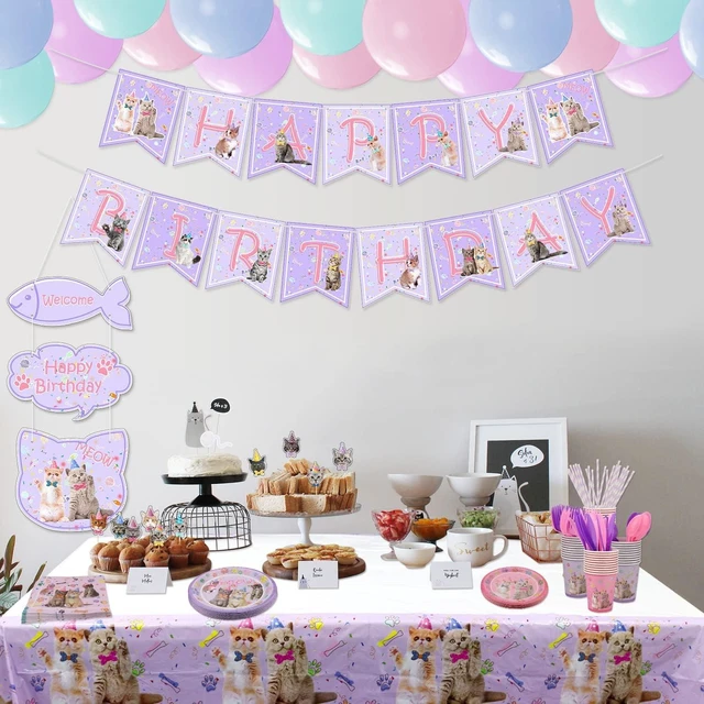Alt view image 13 of 14 - Cat Birthday Party Supplies Set, Kitten Disposable Tableware Includes Happy Birthday Banner, Spoons, Fork, Plates, Tablecloth, Cups, Balloon, Straws for Kids Cat Party Decorations, Serves 20 Guest